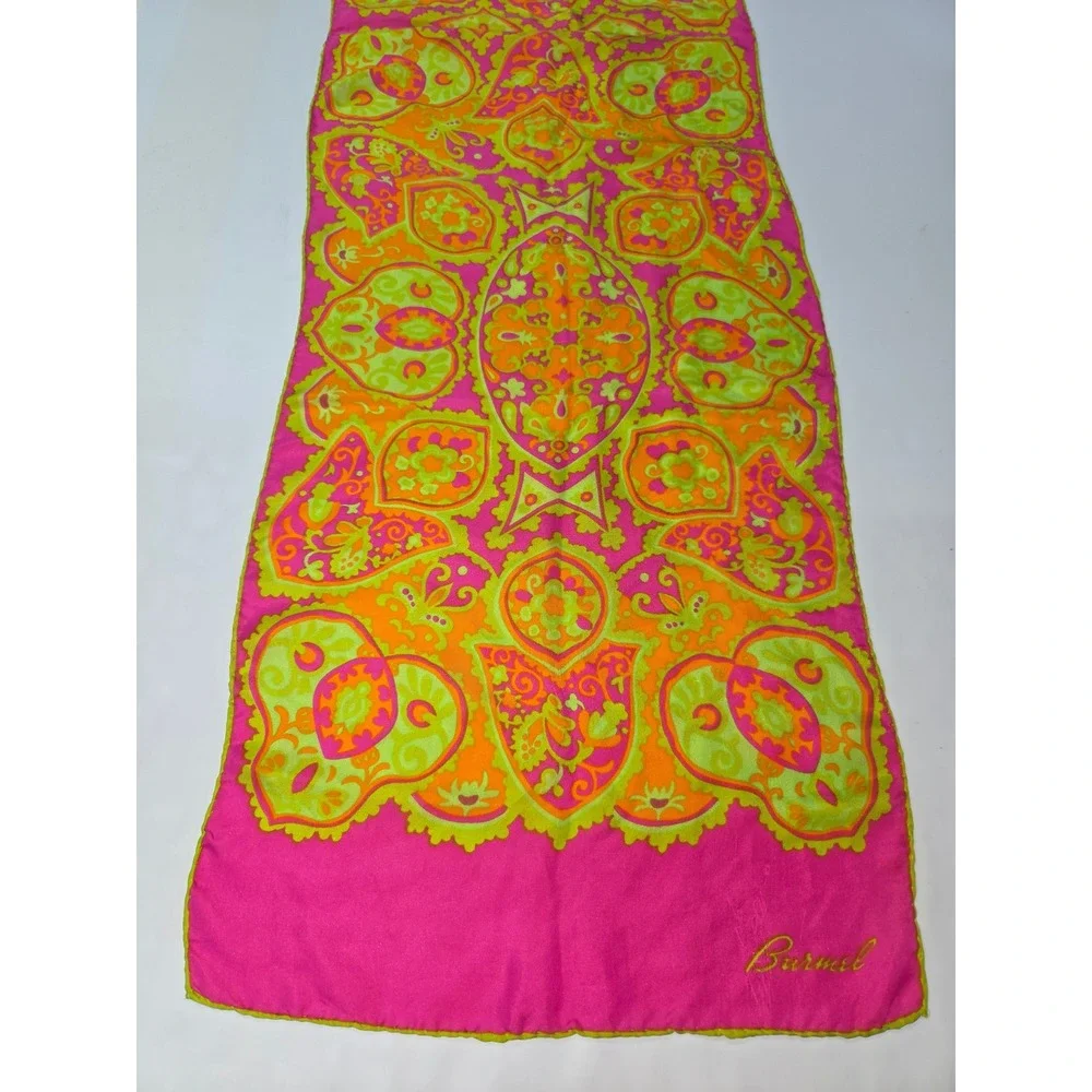 Burmel Vintage Silk Scarf Hot Pink Lime Green Psychedelic Paisley Oblong 60x14.5